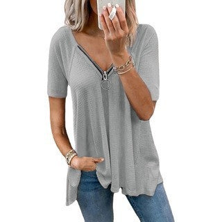 Women's Short Sleeves Casual T-Shirts V-Neck Zipper Loose -Adventure PNW Clothing LLC