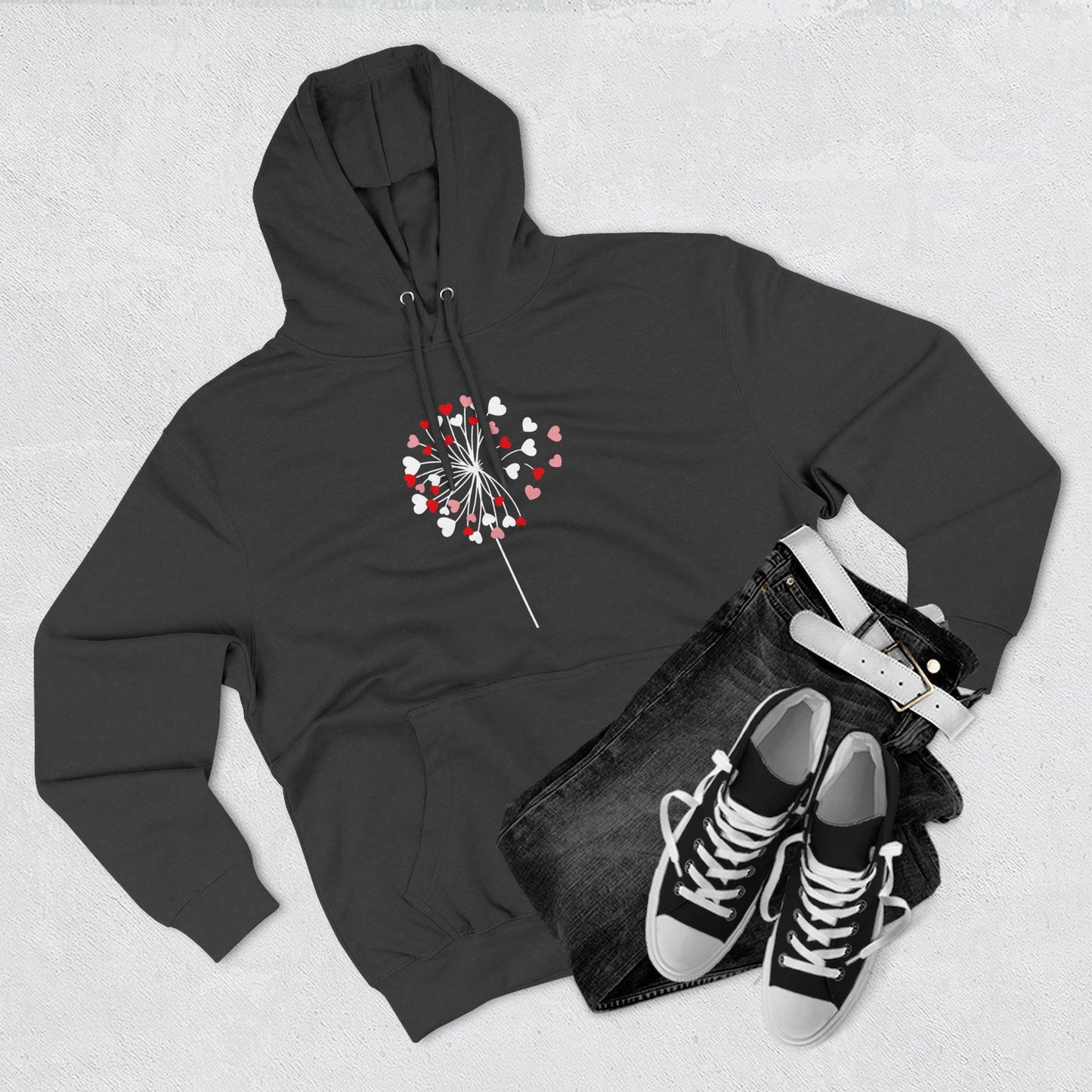 Dandelion Heart Three-Panel Fleece Hoodie, Valentine Wildflower Sweatshirt, Lovers Hoodie Gift, Romantic Dandelion Hoodie, Valentines Day