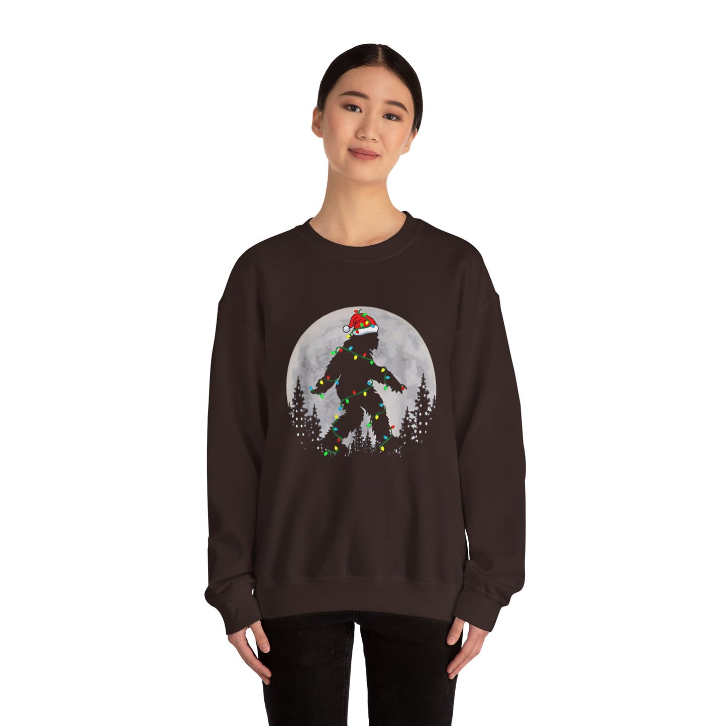 Bigfoot Santa Christmas Tree Lights Sweatshirt, Xmas Sasquatch Jumper, Funny Unisex Holiday Pullover, Novelty Winter Gift, Ugly Sweater
