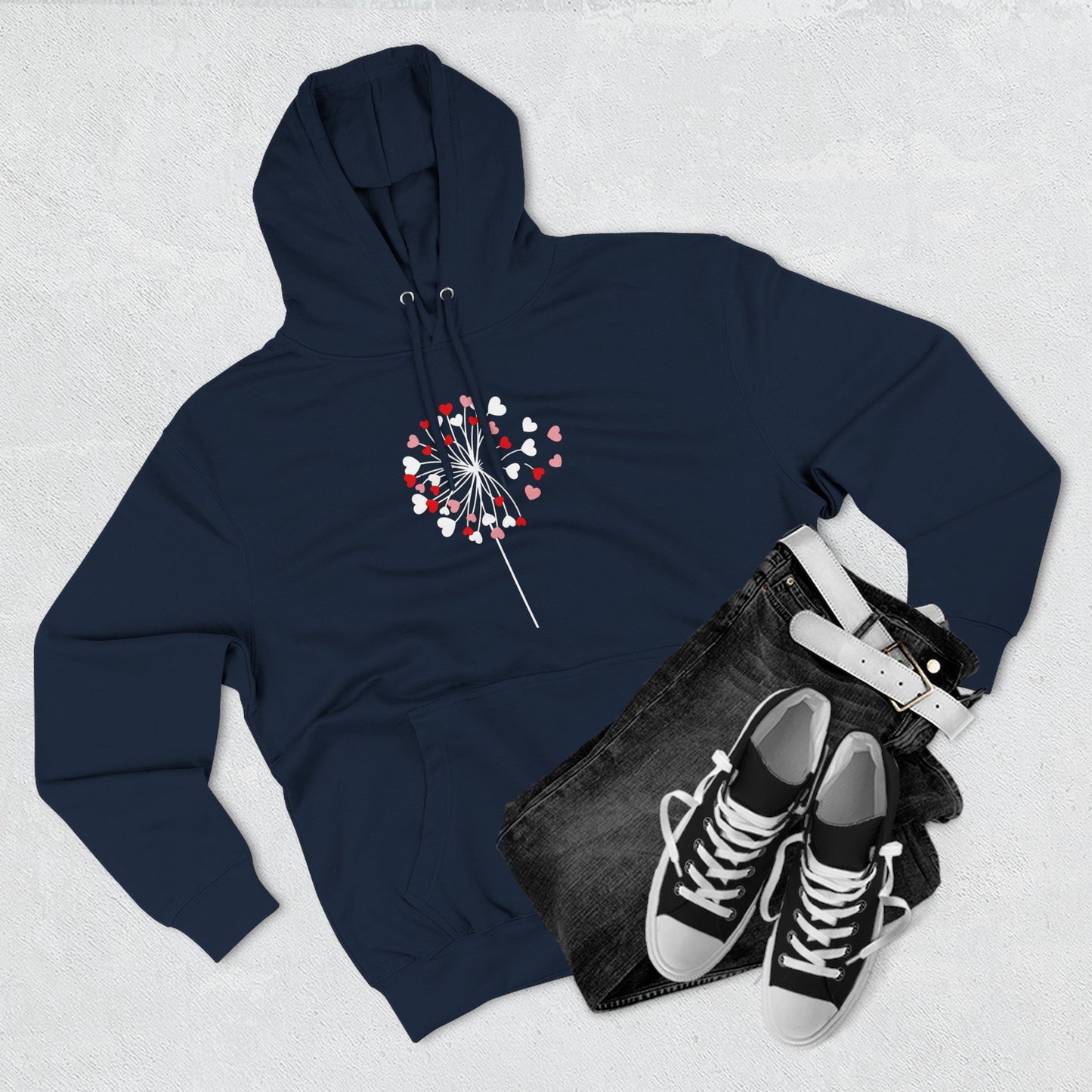 Dandelion Heart Three-Panel Fleece Hoodie, Valentine Wildflower Sweatshirt, Lovers Hoodie Gift, Romantic Dandelion Hoodie, Valentines Day