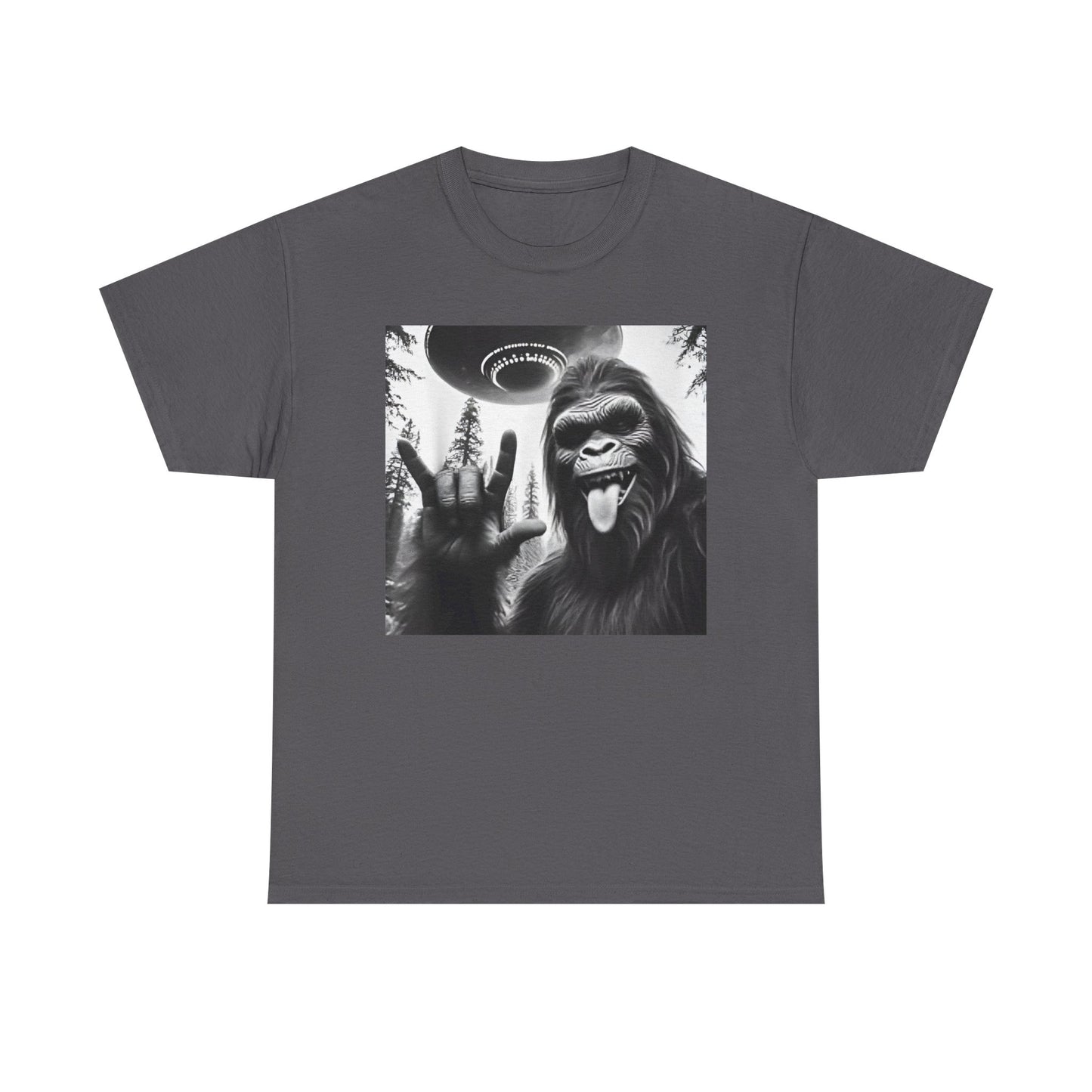 Bigfoot UFO Selfie Unisex Tee, Funny Sasquatch Valentines Day Shirt, Hilarious Outdoor Gift for Him, Her, Rock On T-Shirt, Unisex Heavy