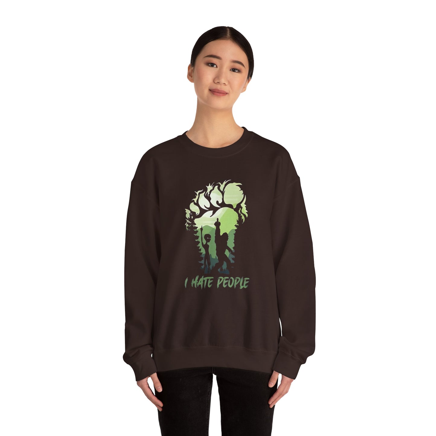 Funny Bigfoot Sasquatch Alien Unisex Sweatshirt, I Hate People Design, Men Women Gift, Crewneck Jumper, Outdoor Adventure Apparel, Humorous