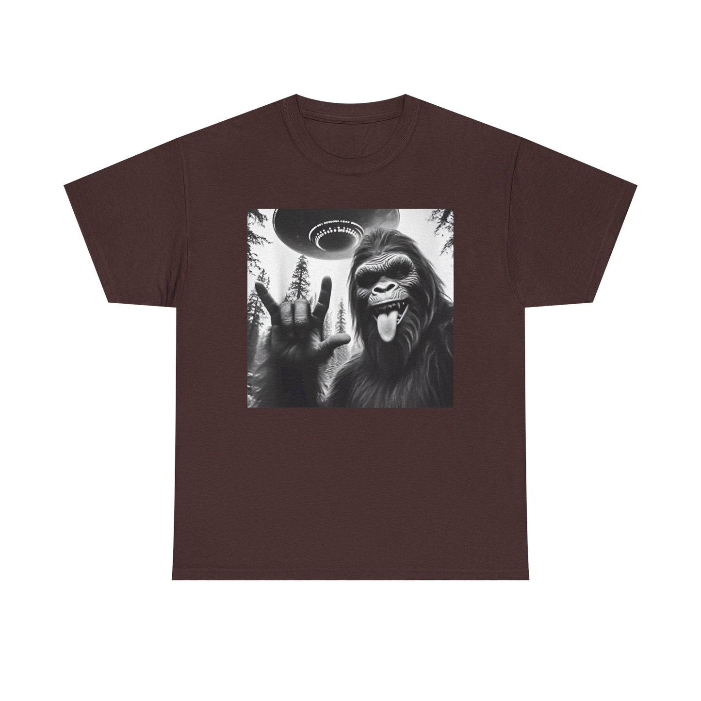 Bigfoot UFO Selfie Unisex Tee, Funny Sasquatch Valentines Day Shirt, Hilarious Outdoor Gift for Him, Her, Rock On T-Shirt, Unisex Heavy