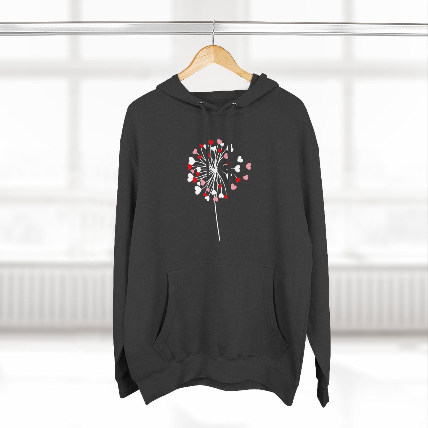 Dandelion Heart Three-Panel Fleece Hoodie, Valentine Wildflower Sweatshirt, Lovers Hoodie Gift, Romantic Dandelion Hoodie, Valentines Day