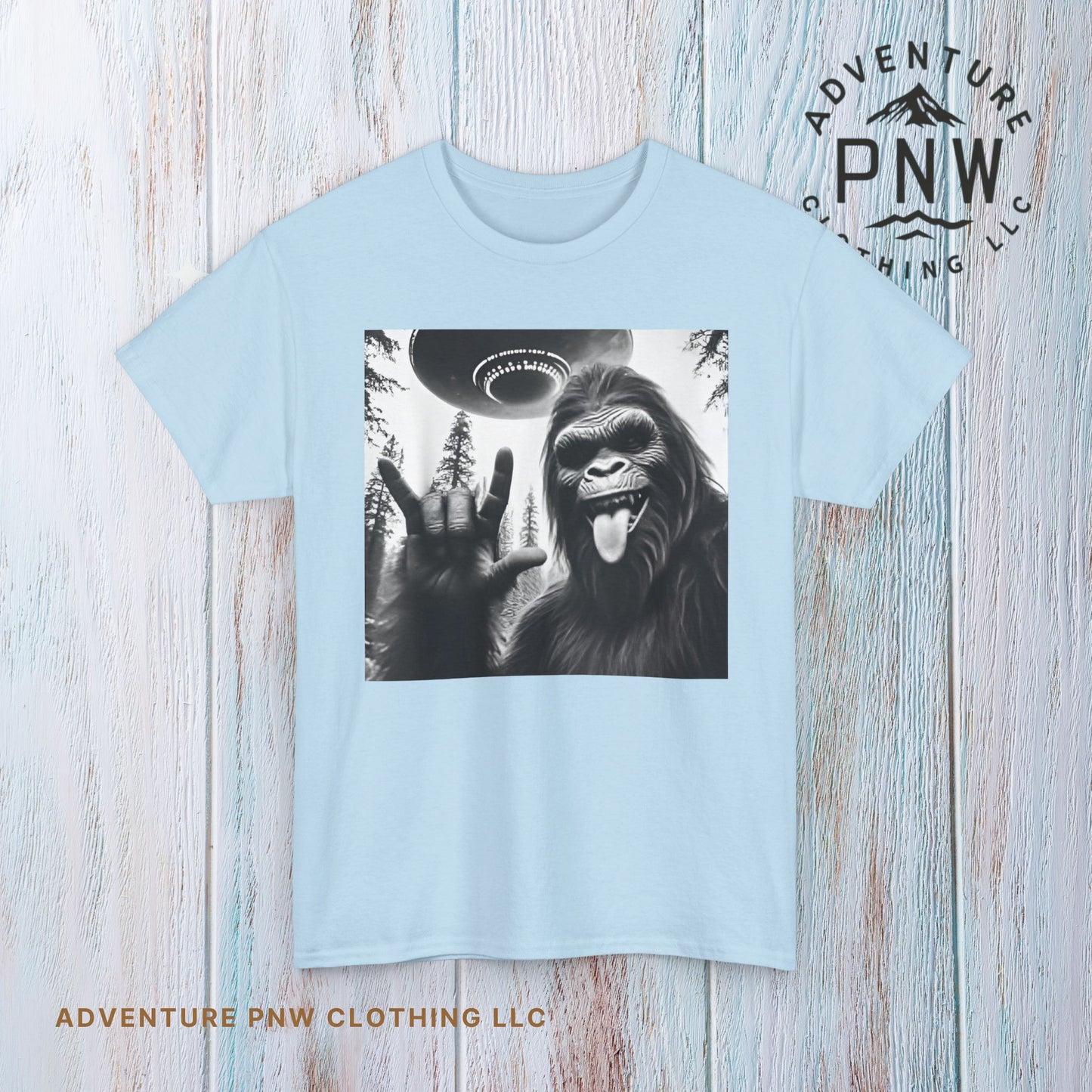 Bigfoot UFO Selfie Unisex Tee, Funny Sasquatch Valentines Day Shirt, Hilarious Outdoor Gift for Him, Her, Rock On T-Shirt, Unisex Heavy