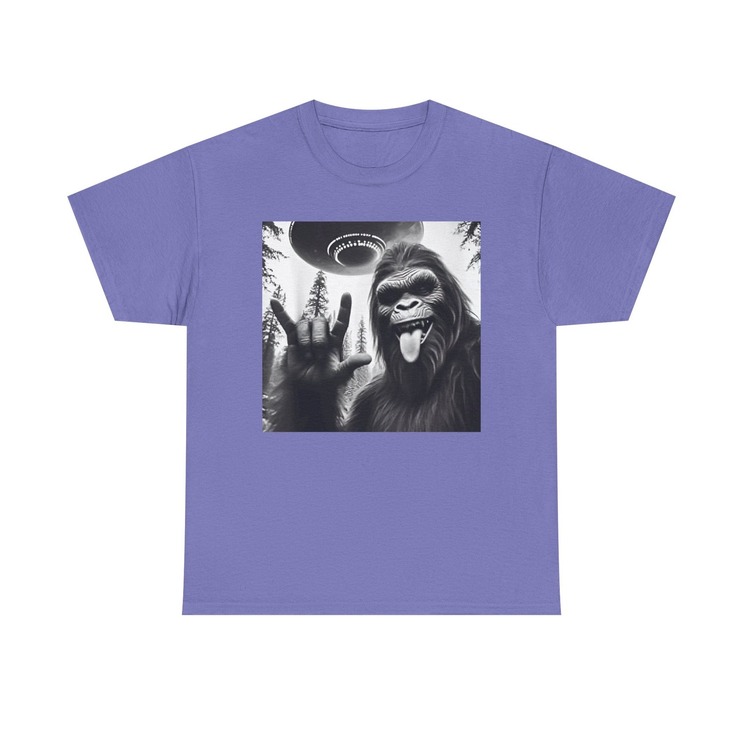 Bigfoot UFO Selfie Unisex Tee, Funny Sasquatch Valentines Day Shirt, Hilarious Outdoor Gift for Him, Her, Rock On T-Shirt, Unisex Heavy