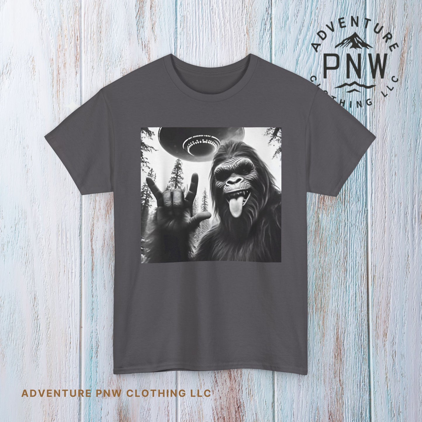 Bigfoot UFO Selfie Unisex Tee, Funny Sasquatch Valentines Day Shirt, Hilarious Outdoor Gift for Him, Her, Rock On T-Shirt, Unisex Heavy