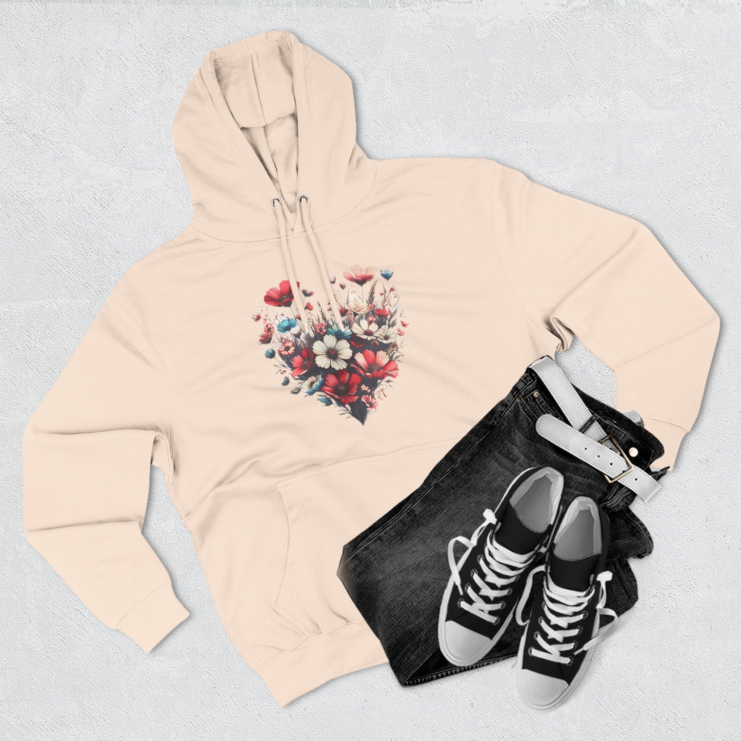 Floral Graphic Hoodie, Heart Shaped Flowers Fleece Hoodie - Botanical Garden Lover Gift, Romantic Nature Print Apparel, Spring Blossoms Top,