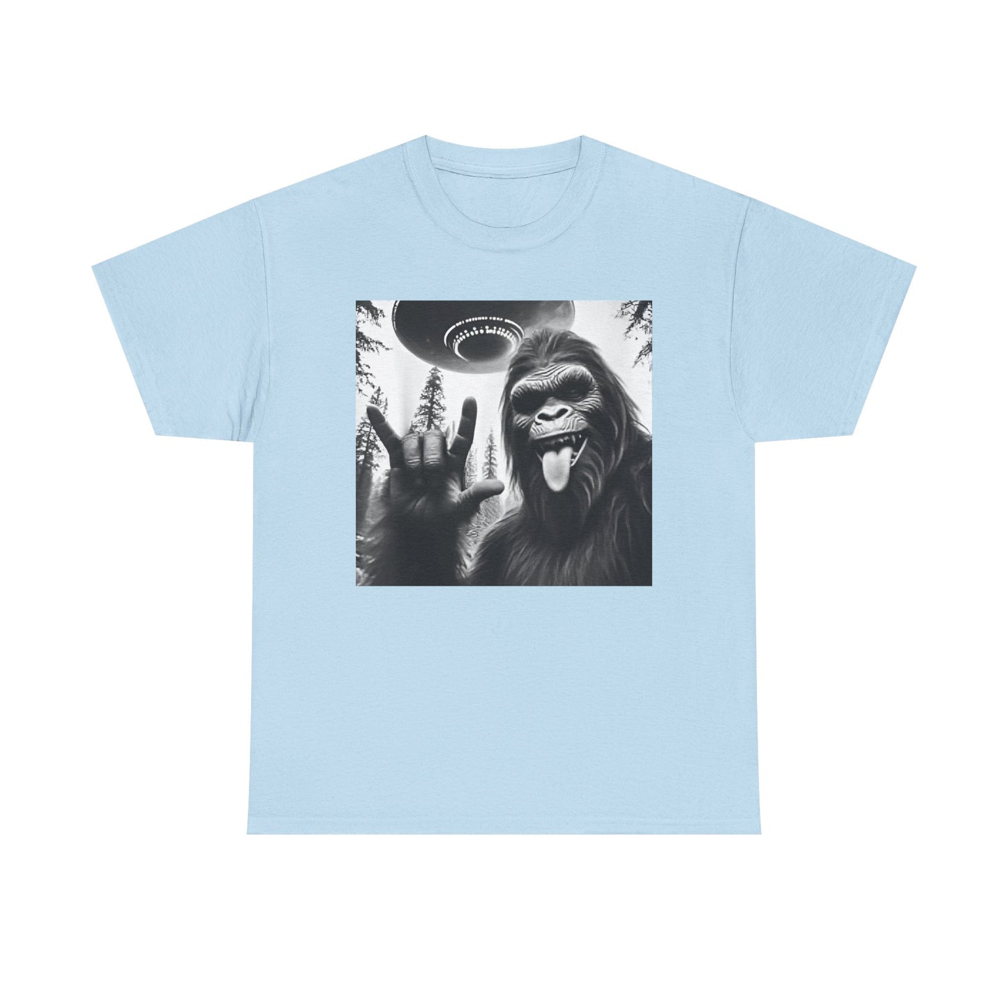 Bigfoot UFO Selfie Unisex Tee, Funny Sasquatch Valentines Day Shirt, Hilarious Outdoor Gift for Him, Her, Rock On T-Shirt, Unisex Heavy
