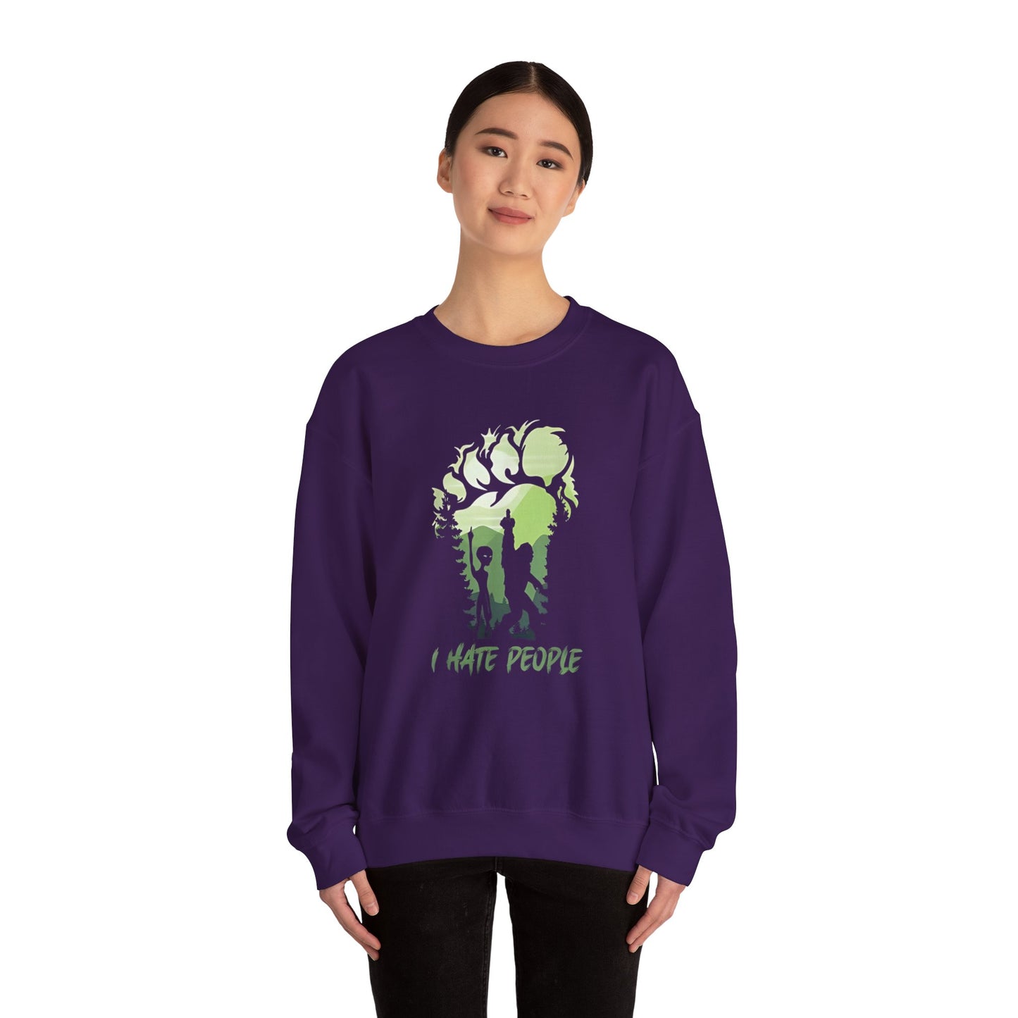 Funny Bigfoot Sasquatch Alien Unisex Sweatshirt, I Hate People Design, Men Women Gift, Crewneck Jumper, Outdoor Adventure Apparel, Humorous