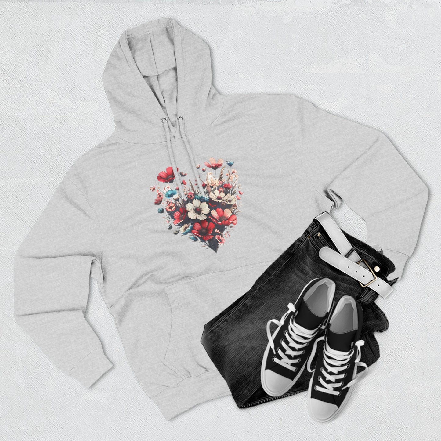 Floral Graphic Hoodie, Heart Shaped Flowers Fleece Hoodie - Botanical Garden Lover Gift, Romantic Nature Print Apparel, Spring Blossoms Top,