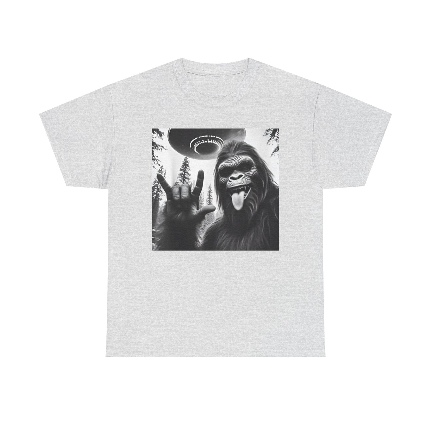 Bigfoot UFO Selfie Unisex Tee, Funny Sasquatch Valentines Day Shirt, Hilarious Outdoor Gift for Him, Her, Rock On T-Shirt, Unisex Heavy