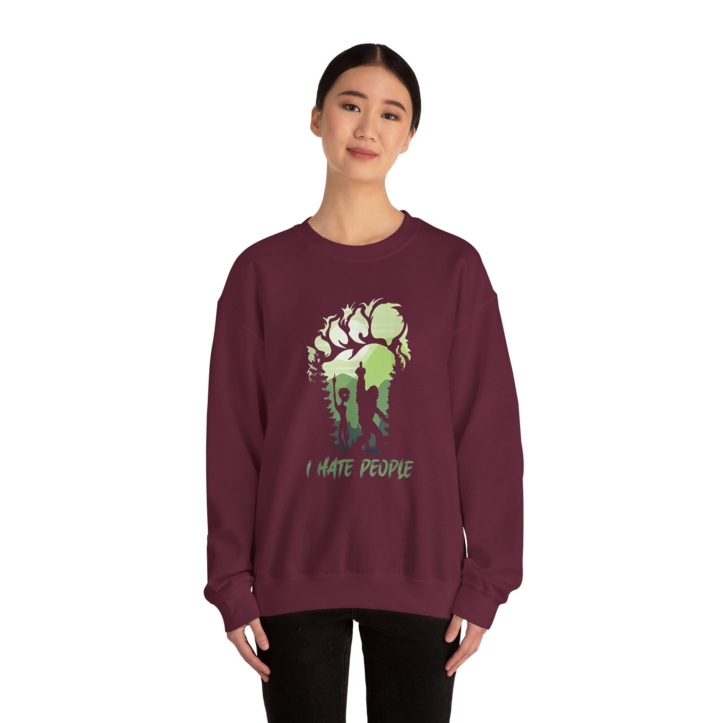 Funny Bigfoot Sasquatch Alien Unisex Sweatshirt, I Hate People Design, Men Women Gift, Crewneck Jumper, Outdoor Adventure Apparel, Humorous