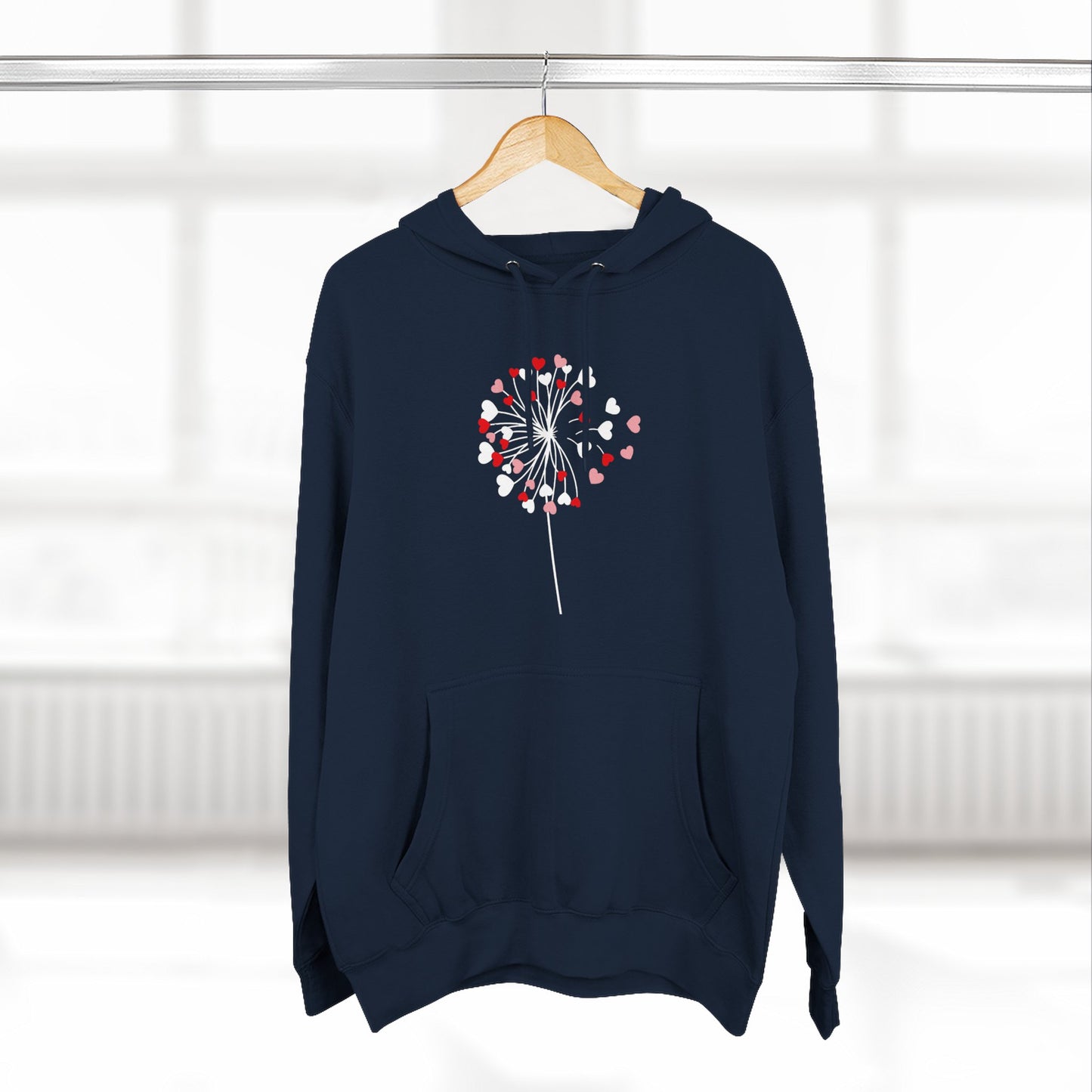 Dandelion Heart Three-Panel Fleece Hoodie, Valentine Wildflower Sweatshirt, Lovers Hoodie Gift, Romantic Dandelion Hoodie, Valentines Day