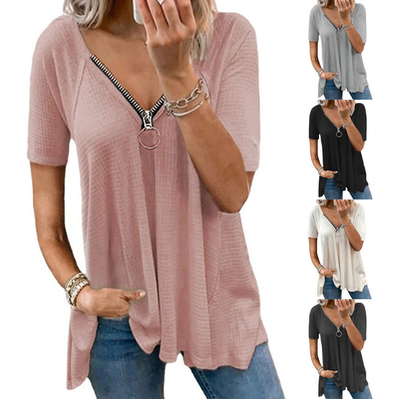 Women's Tops Women's Short Sleeves Casual T-Shirts V-Neck Zipper Loose