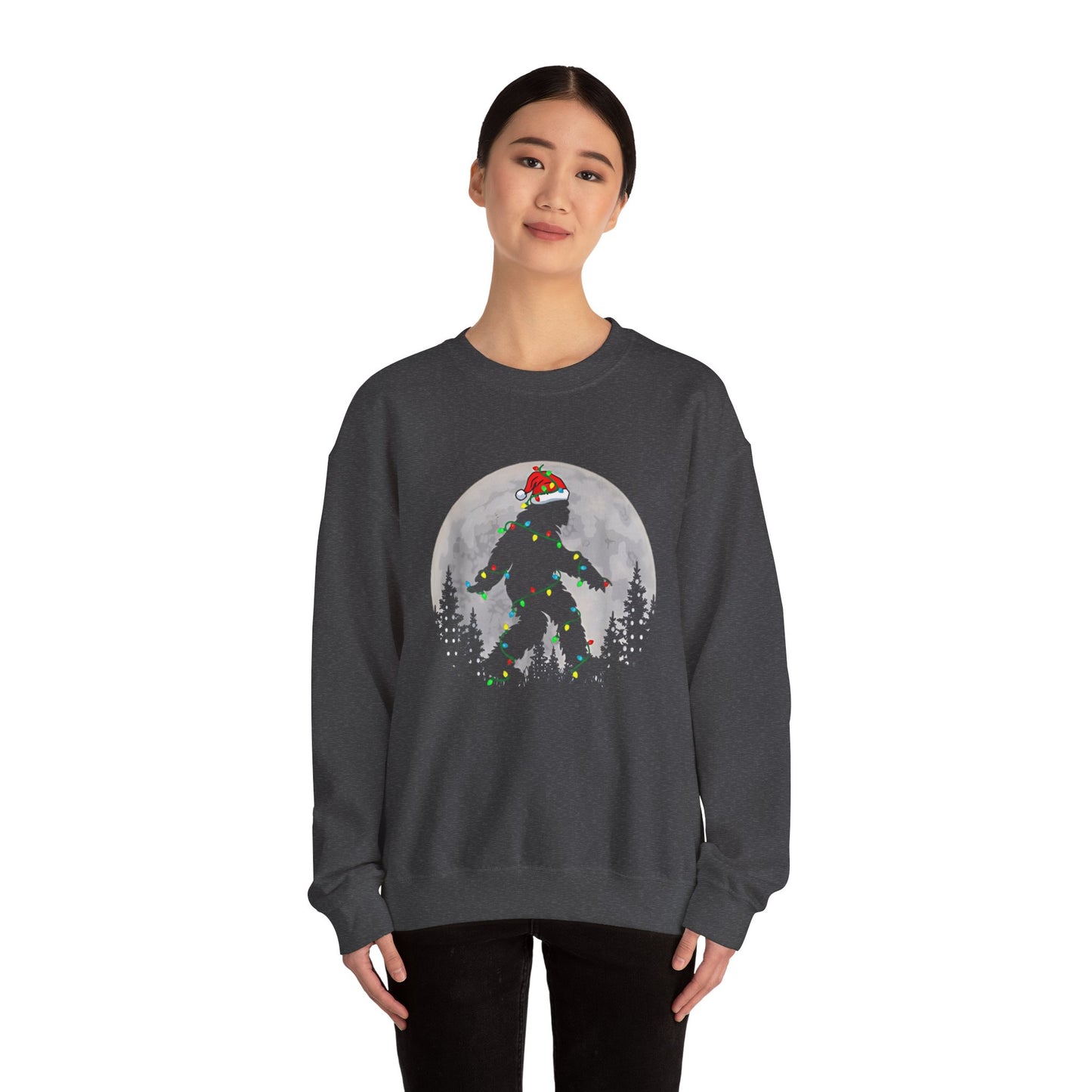Bigfoot Santa Christmas Tree Lights Sweatshirt, Xmas Sasquatch Jumper, Funny Unisex Holiday Pullover, Novelty Winter Gift, Ugly Sweater
