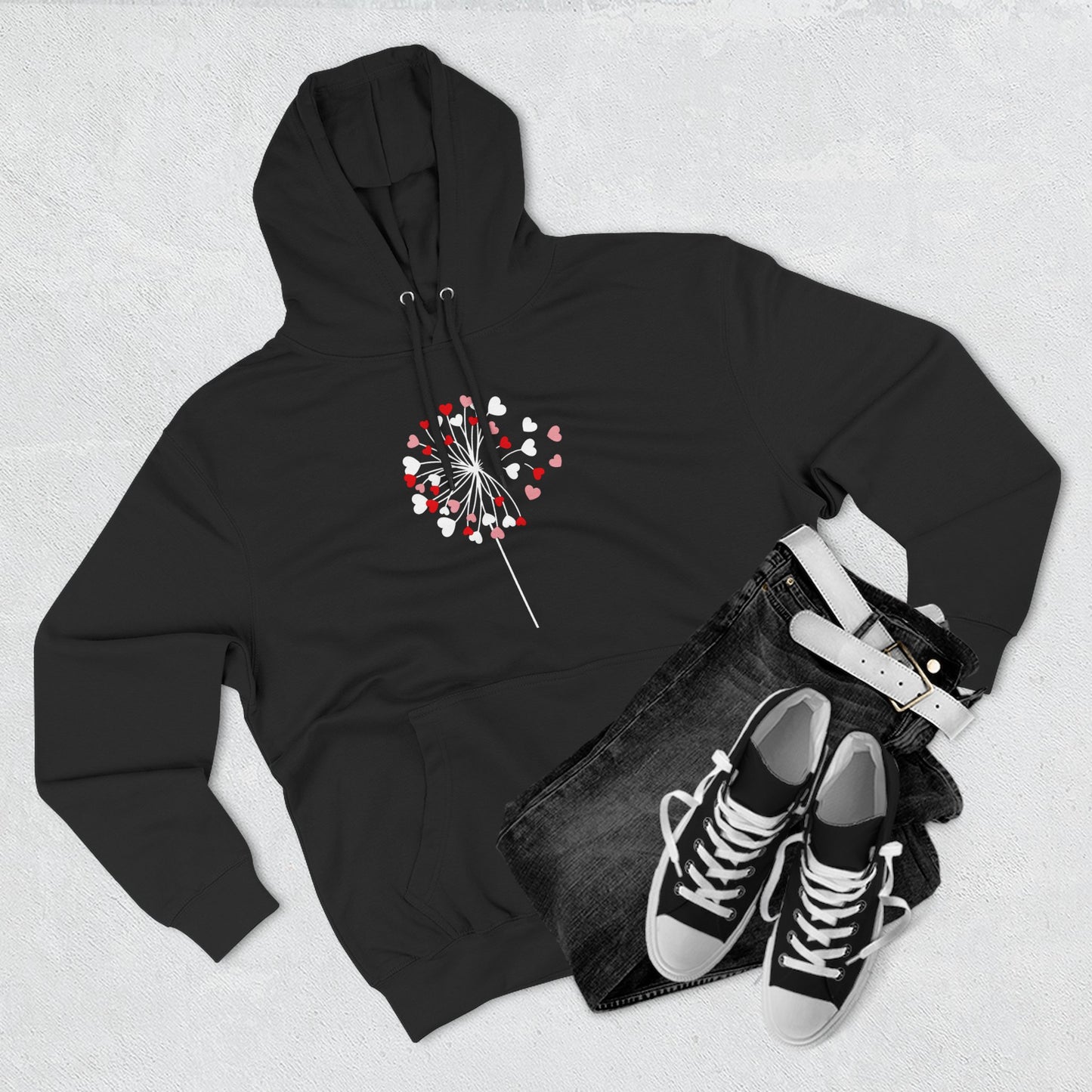 Dandelion Heart Three-Panel Fleece Hoodie, Valentine Wildflower Sweatshirt, Lovers Hoodie Gift, Romantic Dandelion Hoodie, Valentines Day