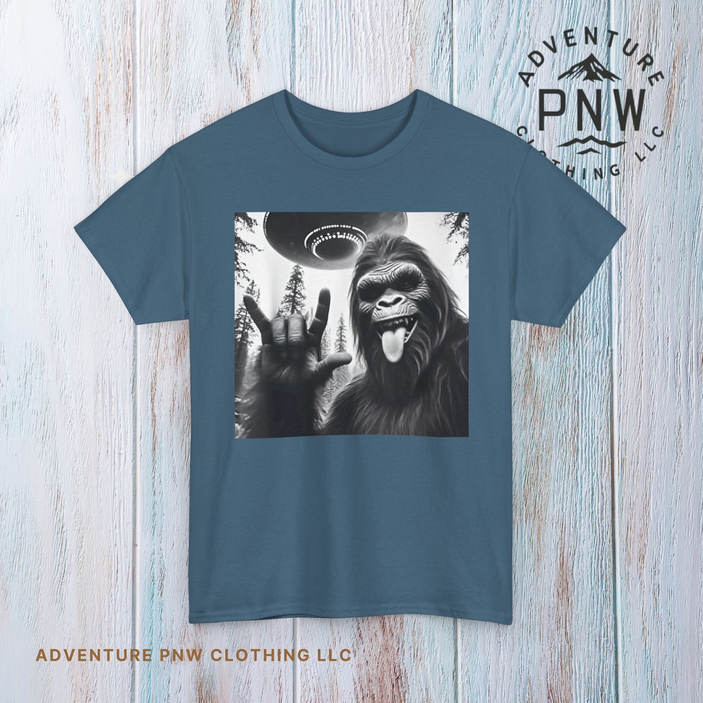 Bigfoot UFO Selfie Unisex Tee, Funny Sasquatch Valentines Day Shirt, Hilarious Outdoor Gift for Him, Her, Rock On T-Shirt, Unisex Heavy