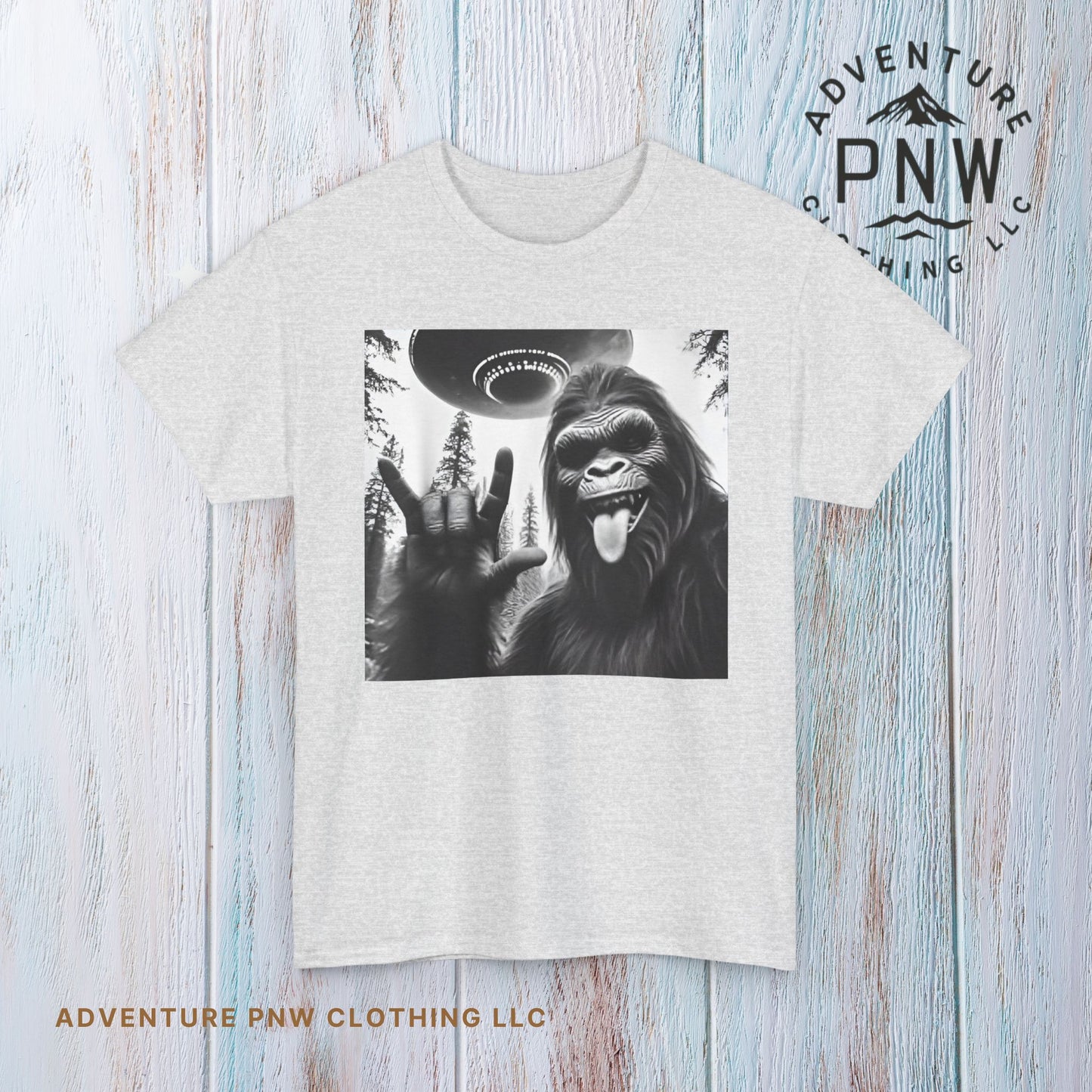 Bigfoot UFO Selfie Unisex Tee, Funny Sasquatch Valentines Day Shirt, Hilarious Outdoor Gift for Him, Her, Rock On T-Shirt, Unisex Heavy