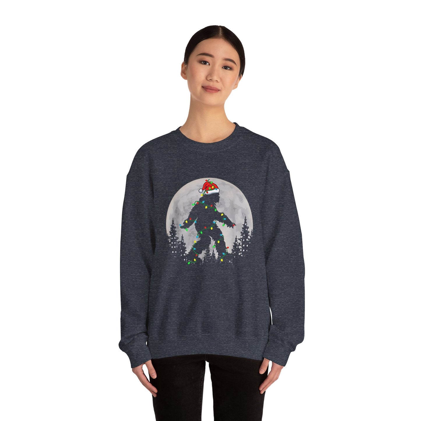 Bigfoot Santa Christmas Tree Lights Sweatshirt, Xmas Sasquatch Jumper, Funny Unisex Holiday Pullover, Novelty Winter Gift, Ugly Sweater
