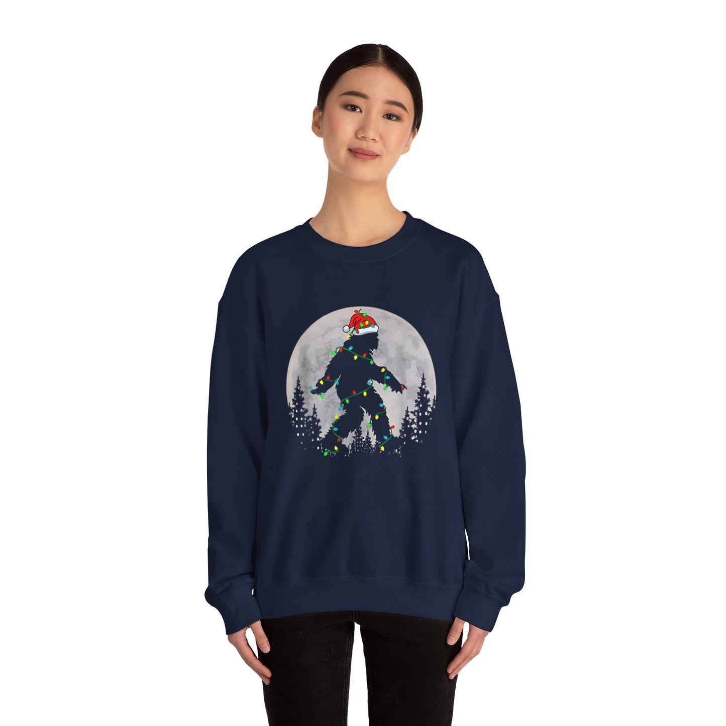 Bigfoot Santa Christmas Tree Lights Sweatshirt, Xmas Sasquatch Jumper, Funny Unisex Holiday Pullover, Novelty Winter Gift, Ugly Sweater