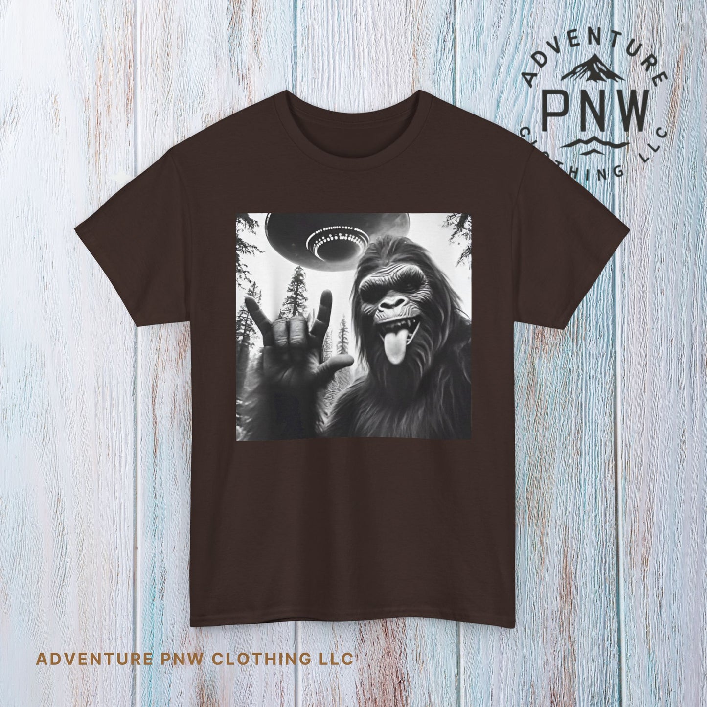 Bigfoot UFO Selfie Unisex Tee, Funny Sasquatch Valentines Day Shirt, Hilarious Outdoor Gift for Him, Her, Rock On T-Shirt, Unisex Heavy