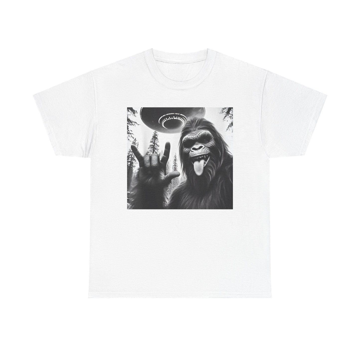 Bigfoot UFO Selfie Unisex Tee, Funny Sasquatch Valentines Day Shirt, Hilarious Outdoor Gift for Him, Her, Rock On T-Shirt, Unisex Heavy
