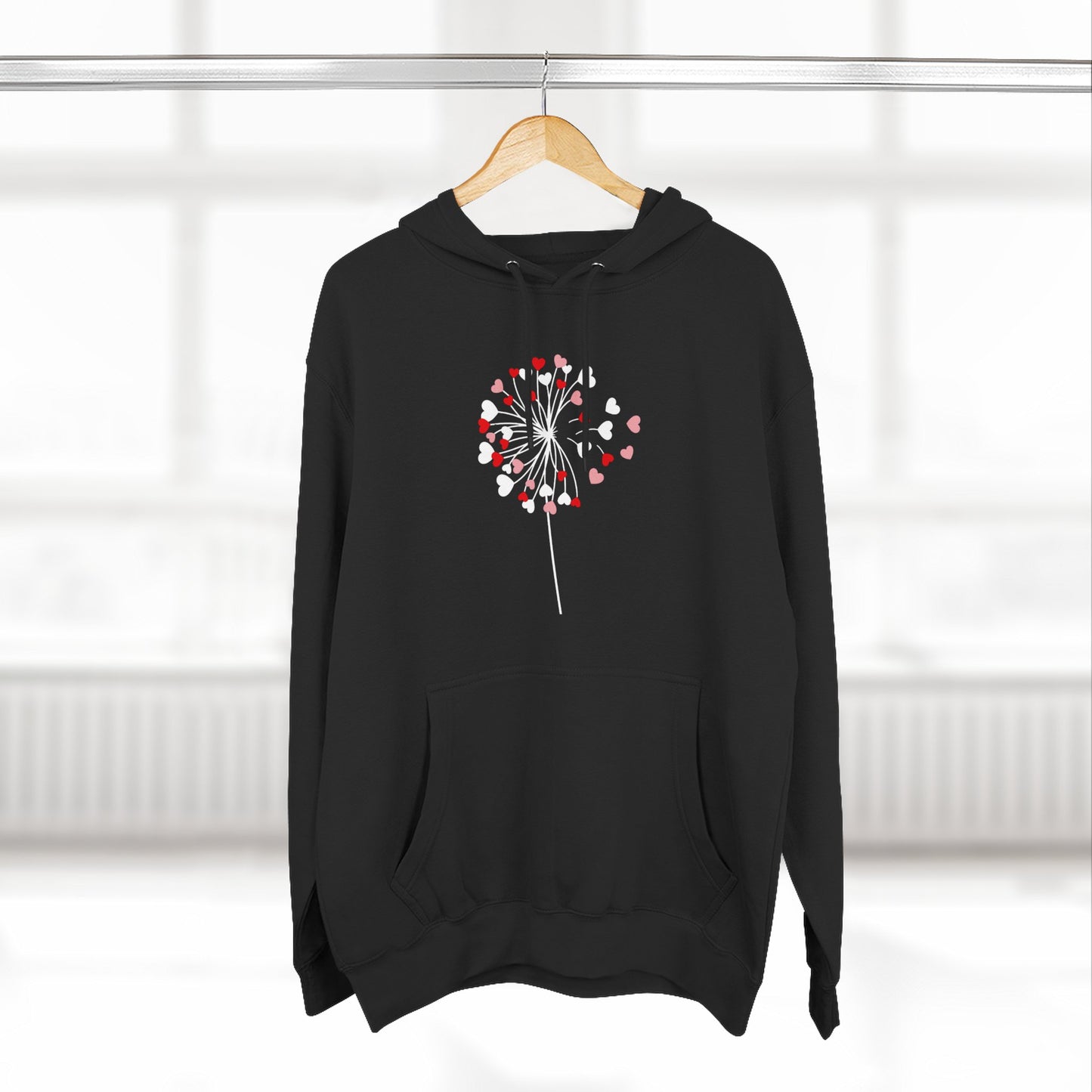 Dandelion Heart Three-Panel Fleece Hoodie, Valentine Wildflower Sweatshirt, Lovers Hoodie Gift, Romantic Dandelion Hoodie, Valentines Day
