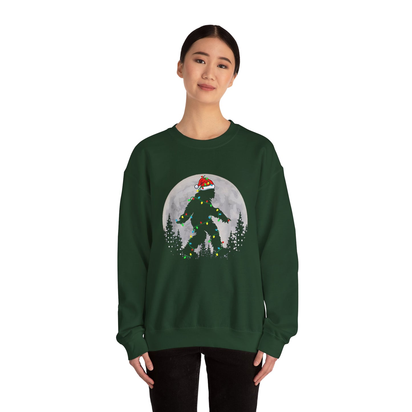 Bigfoot Santa Christmas Tree Lights Sweatshirt, Xmas Sasquatch Jumper, Funny Unisex Holiday Pullover, Novelty Winter Gift, Ugly Sweater