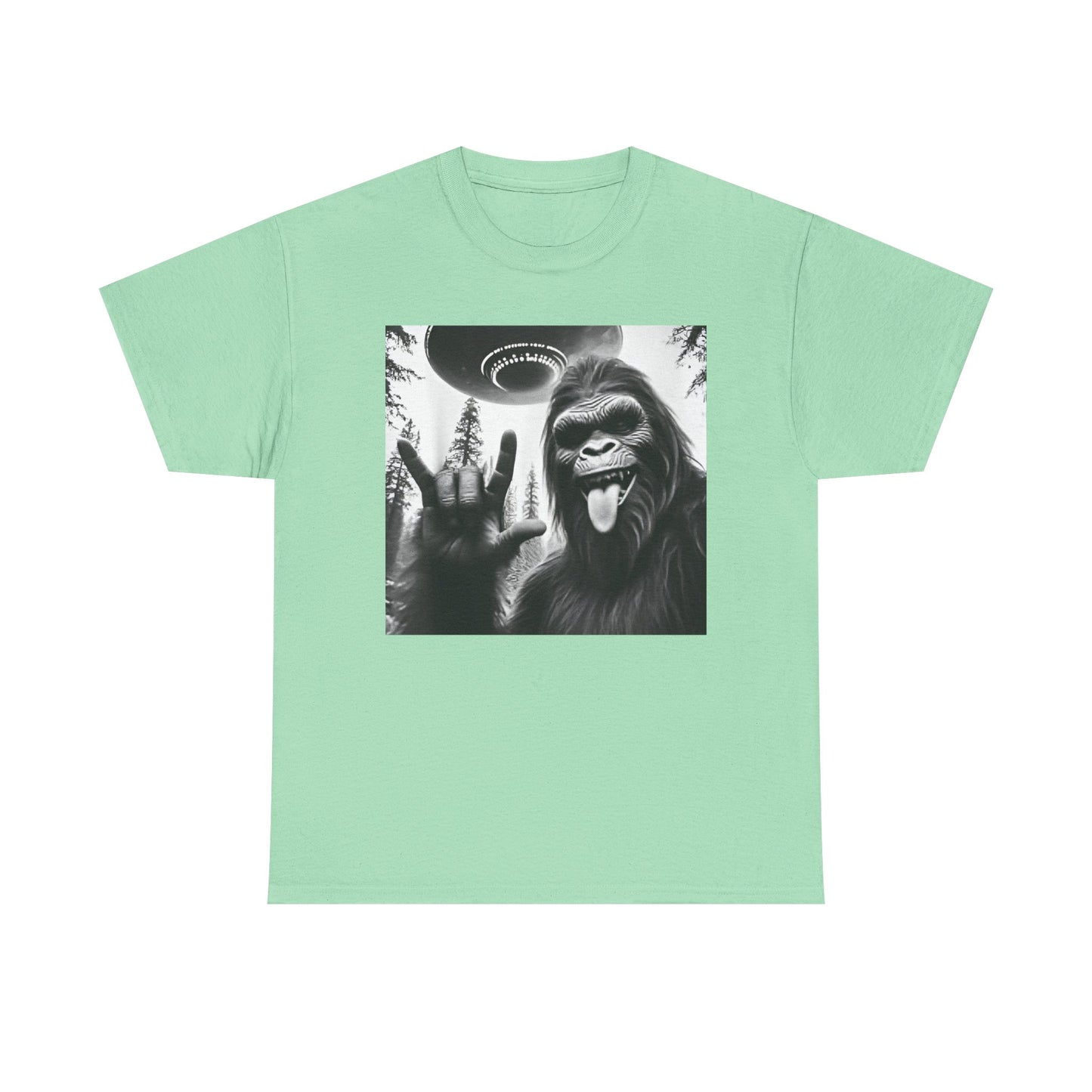 Bigfoot UFO Selfie Unisex Tee, Funny Sasquatch Valentines Day Shirt, Hilarious Outdoor Gift for Him, Her, Rock On T-Shirt, Unisex Heavy