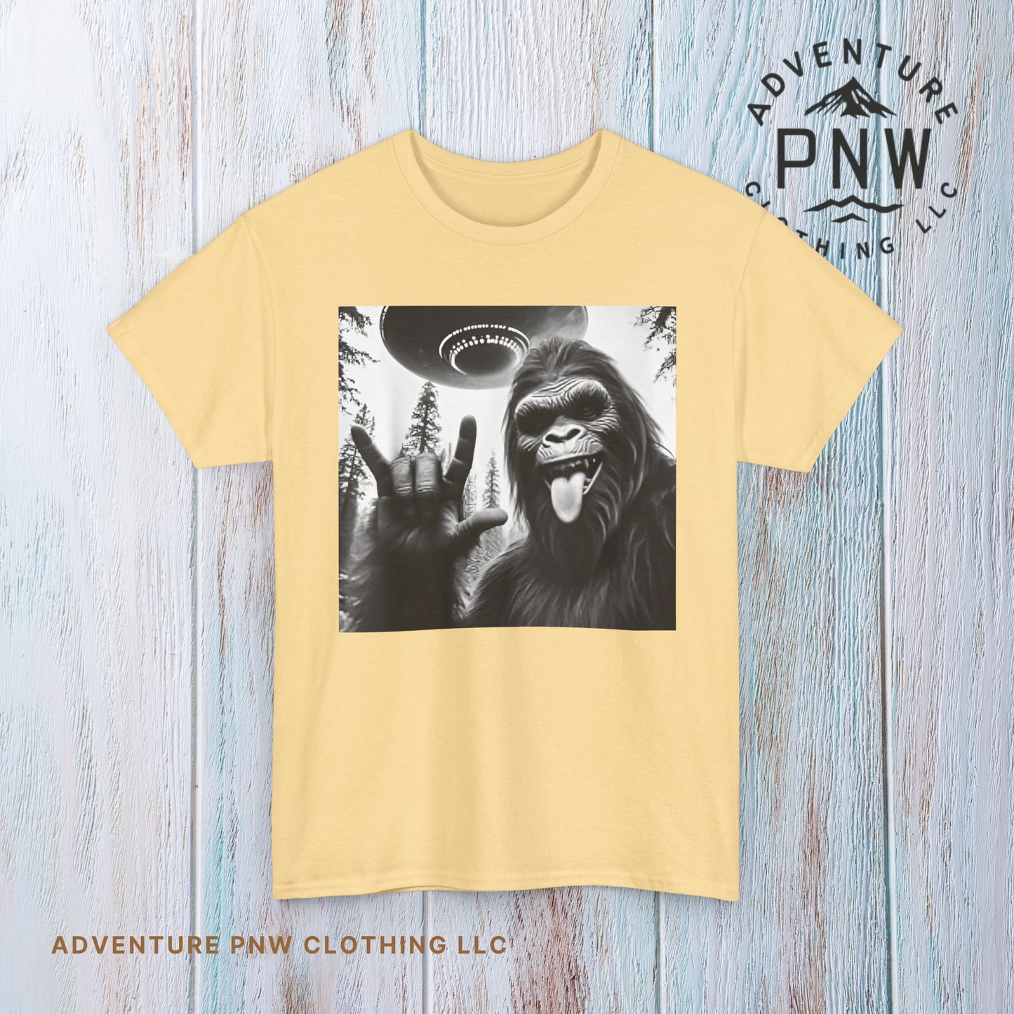 Bigfoot UFO Selfie Unisex Tee, Funny Sasquatch Valentines Day Shirt, Hilarious Outdoor Gift for Him, Her, Rock On T-Shirt, Unisex Heavy