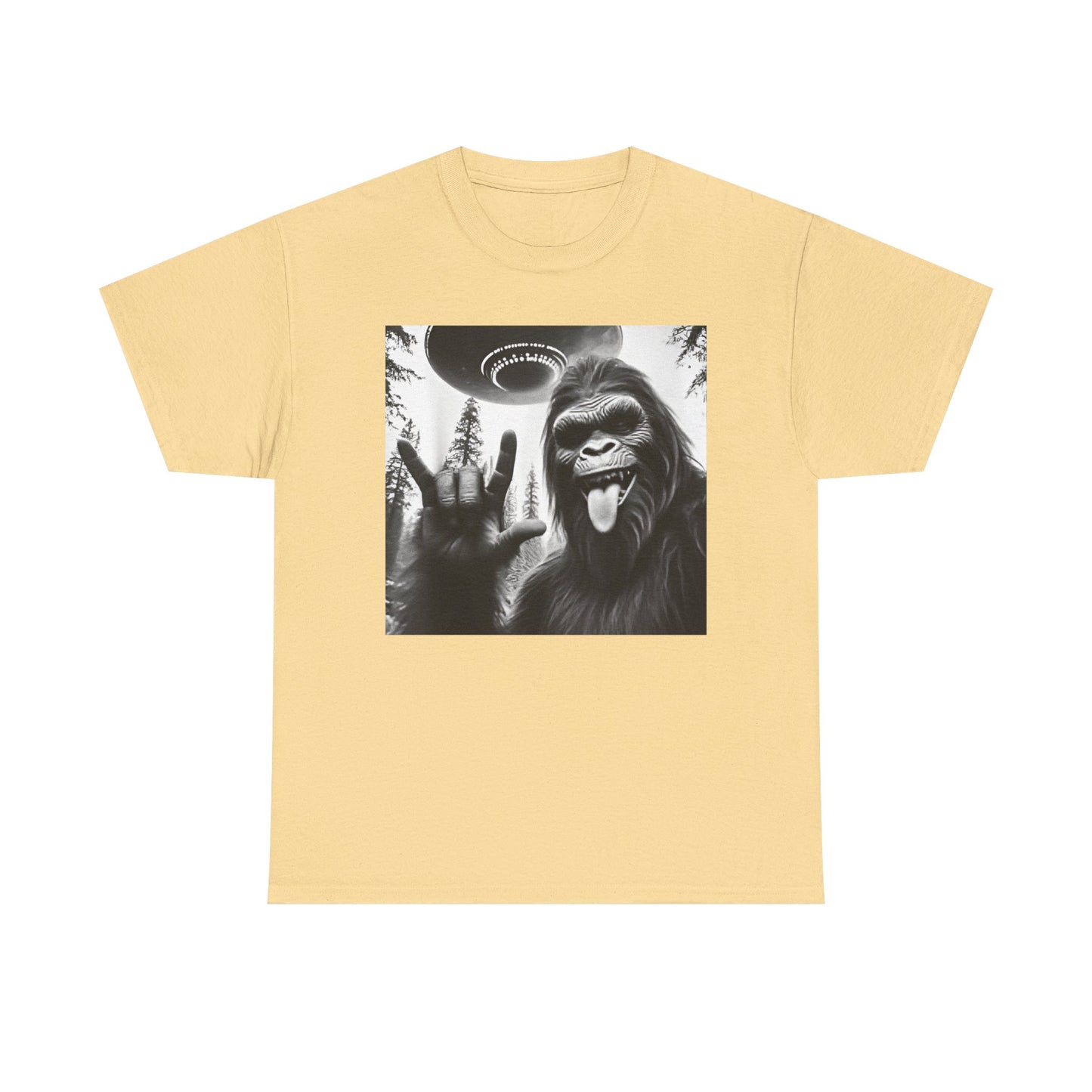 Bigfoot UFO Selfie Unisex Tee, Funny Sasquatch Valentines Day Shirt, Hilarious Outdoor Gift for Him, Her, Rock On T-Shirt, Unisex Heavy