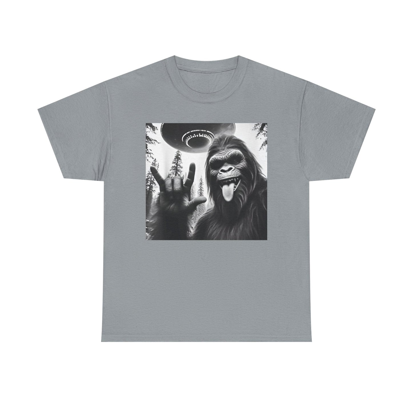 Bigfoot UFO Selfie Unisex Tee, Funny Sasquatch Valentines Day Shirt, Hilarious Outdoor Gift for Him, Her, Rock On T-Shirt, Unisex Heavy