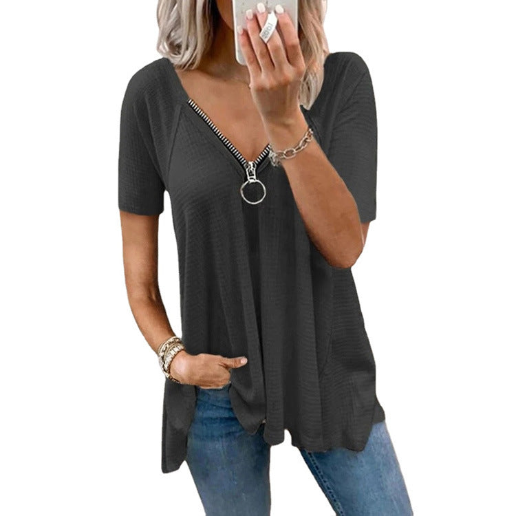 Women's Tops Women's Short Sleeves Casual T-Shirts V-Neck Zipper Loose