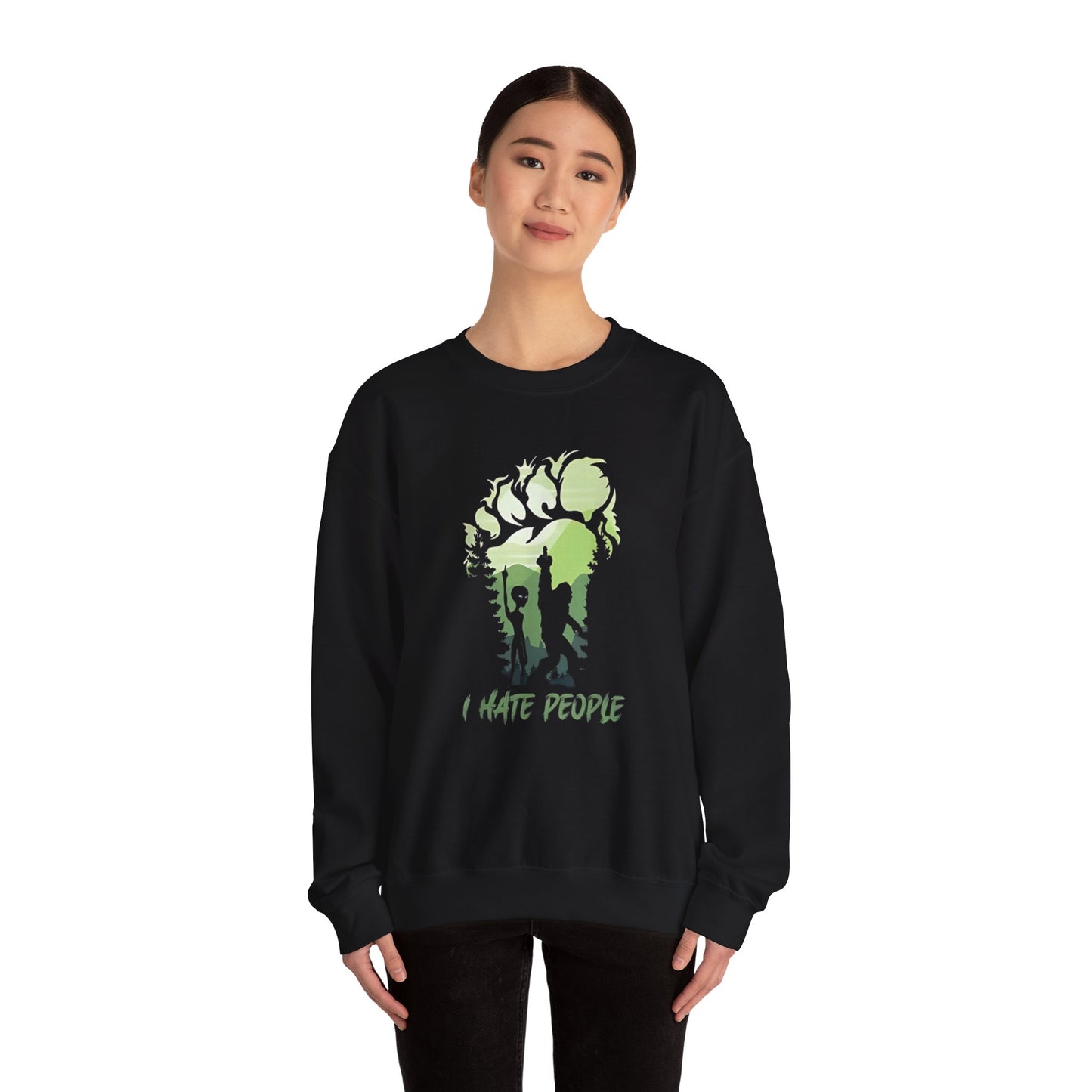 Funny Bigfoot Sasquatch Alien Unisex Sweatshirt, I Hate People Design, Men Women Gift, Crewneck Jumper, Outdoor Adventure Apparel, Humorous