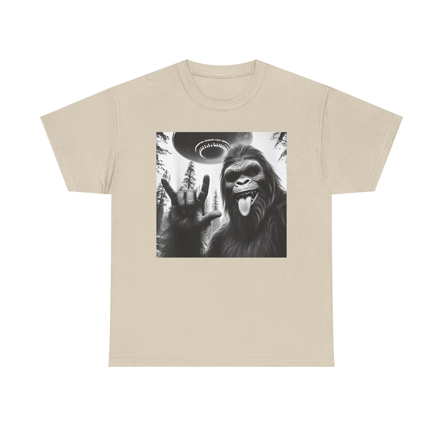 Bigfoot UFO Selfie Unisex Tee, Funny Sasquatch Valentines Day Shirt, Hilarious Outdoor Gift for Him, Her, Rock On T-Shirt, Unisex Heavy