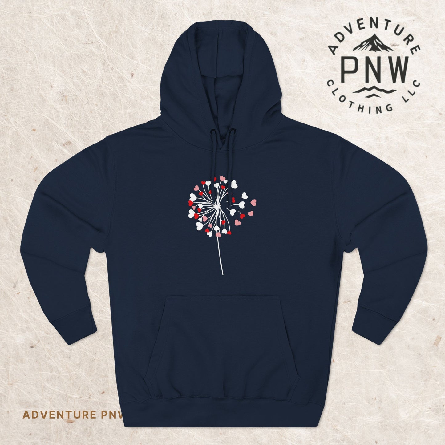 Dandelion Heart Three-Panel Fleece Hoodie, Valentine Wildflower Sweatshirt, Lovers Hoodie Gift, Romantic Dandelion Hoodie, Valentines Day