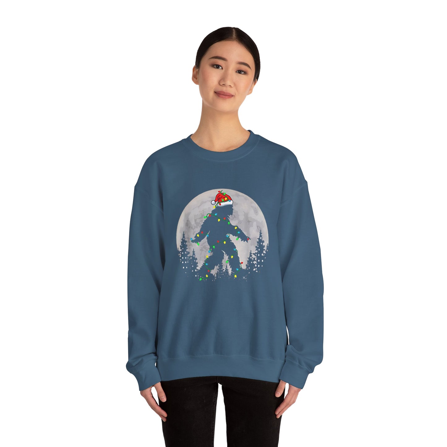 Bigfoot Santa Christmas Tree Lights Sweatshirt, Xmas Sasquatch Jumper, Funny Unisex Holiday Pullover, Novelty Winter Gift, Ugly Sweater