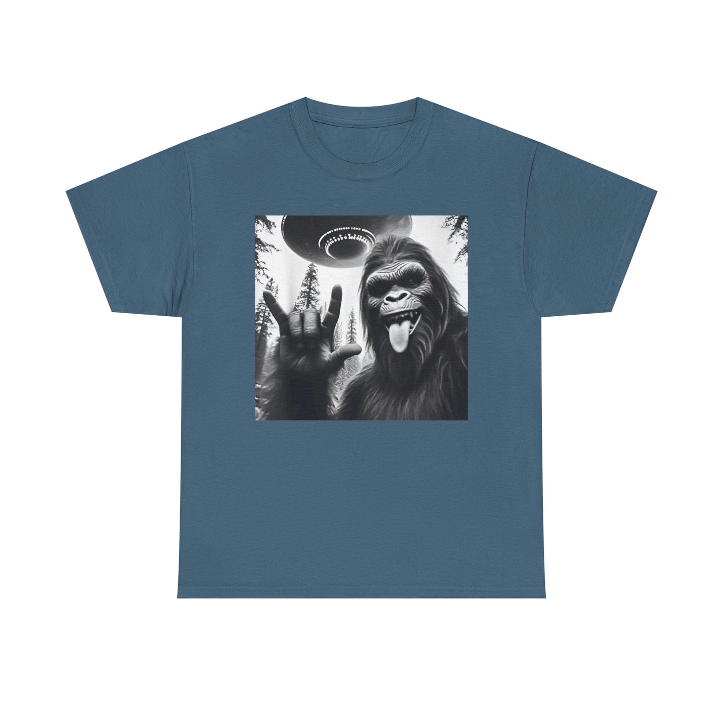Bigfoot UFO Selfie Unisex Tee, Funny Sasquatch Valentines Day Shirt, Hilarious Outdoor Gift for Him, Her, Rock On T-Shirt, Unisex Heavy