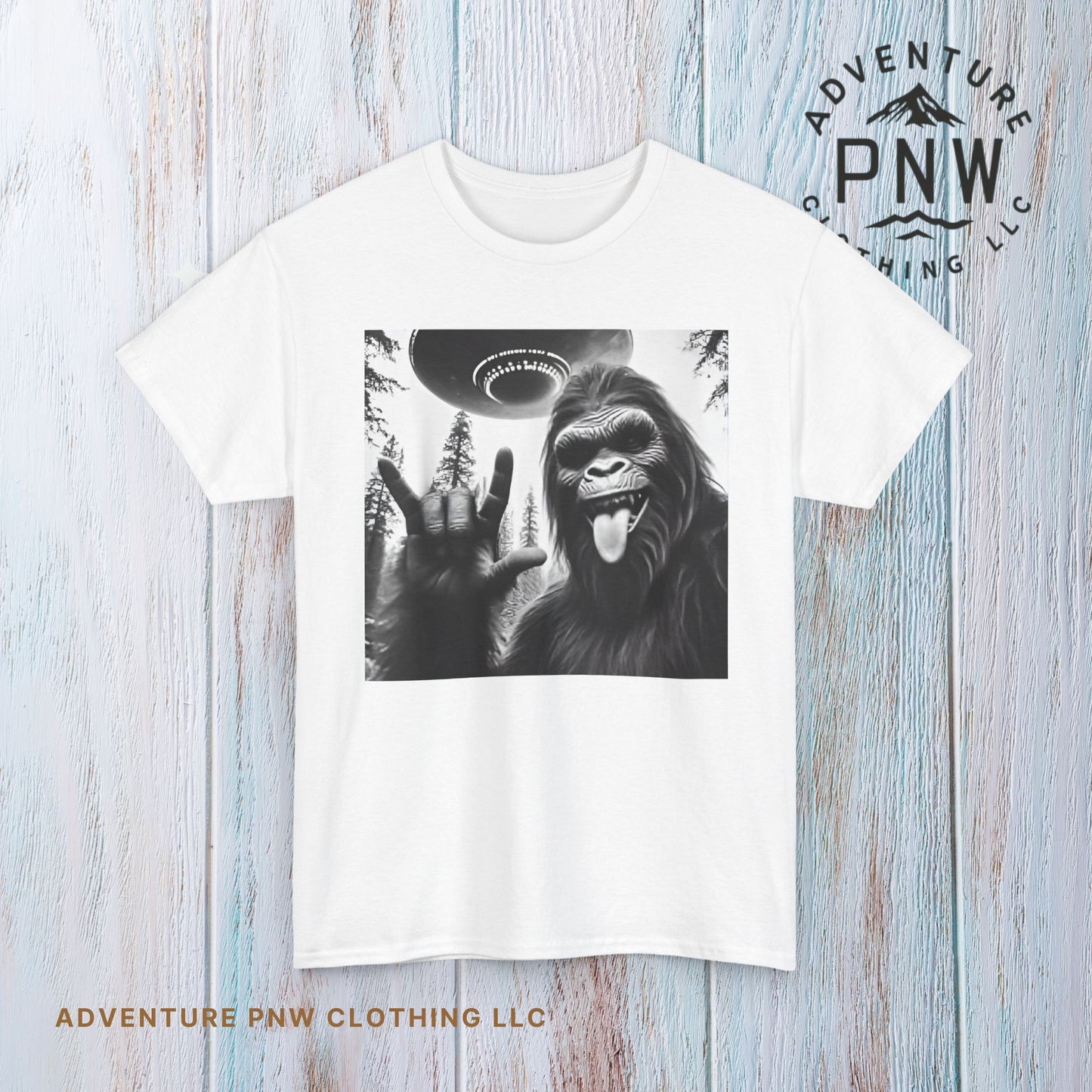 Bigfoot UFO Selfie Unisex Tee, Funny Sasquatch Valentines Day Shirt, Hilarious Outdoor Gift for Him, Her, Rock On T-Shirt, Unisex Heavy