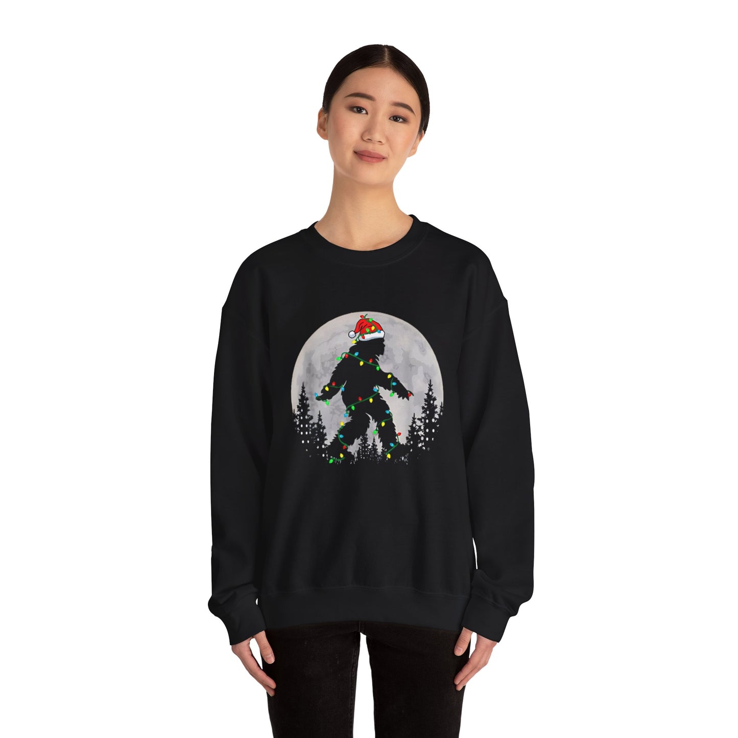 Bigfoot Santa Christmas Tree Lights Sweatshirt, Xmas Sasquatch Jumper, Funny Unisex Holiday Pullover, Novelty Winter Gift, Ugly Sweater