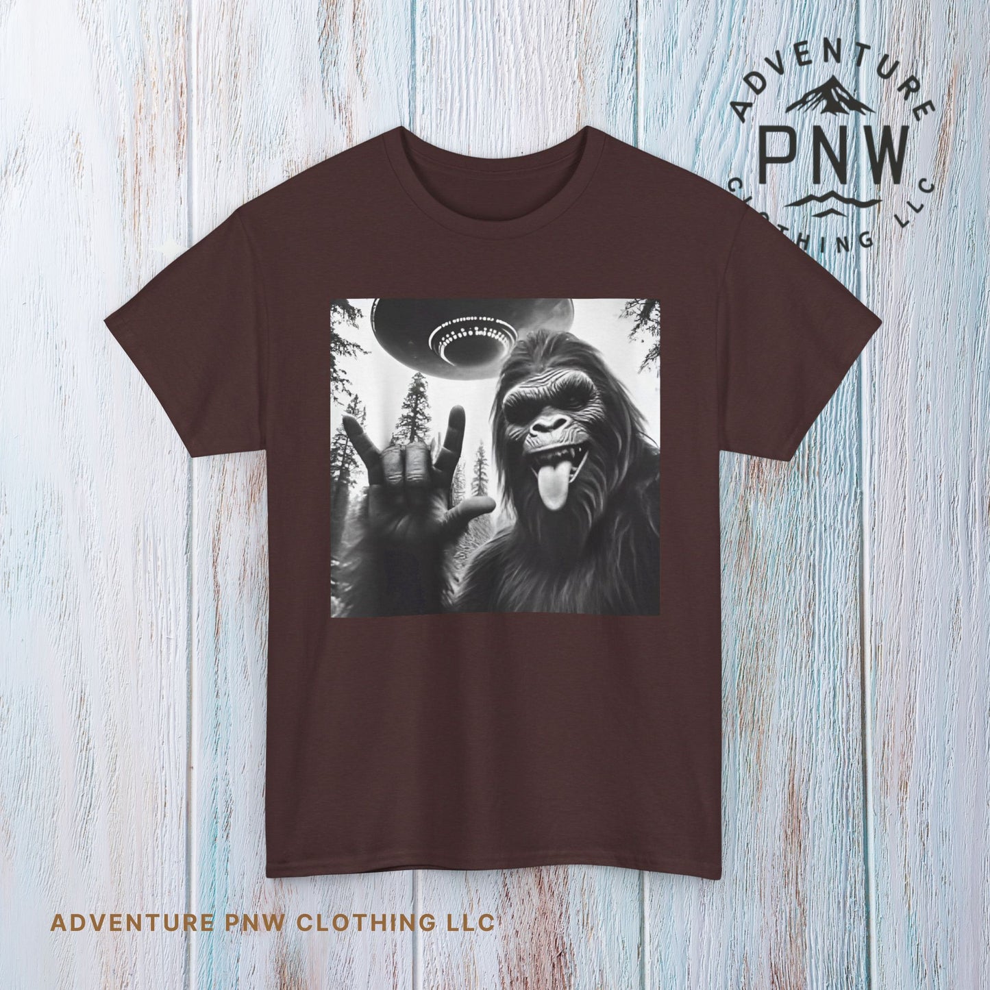 Bigfoot UFO Selfie Unisex Tee, Funny Sasquatch Valentines Day Shirt, Hilarious Outdoor Gift for Him, Her, Rock On T-Shirt, Unisex Heavy