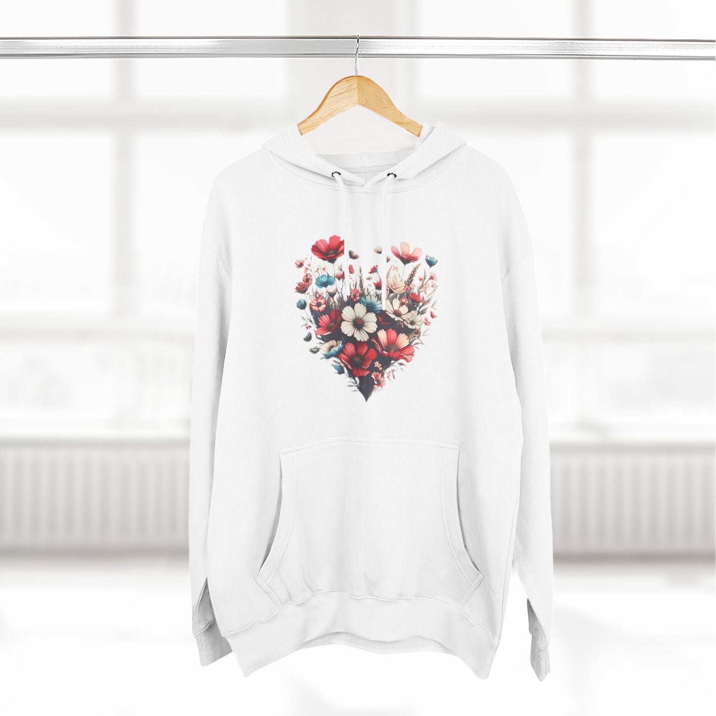 Floral Graphic Hoodie, Heart Shaped Flowers Fleece Hoodie - Botanical Garden Lover Gift, Romantic Nature Print Apparel, Spring Blossoms Top,