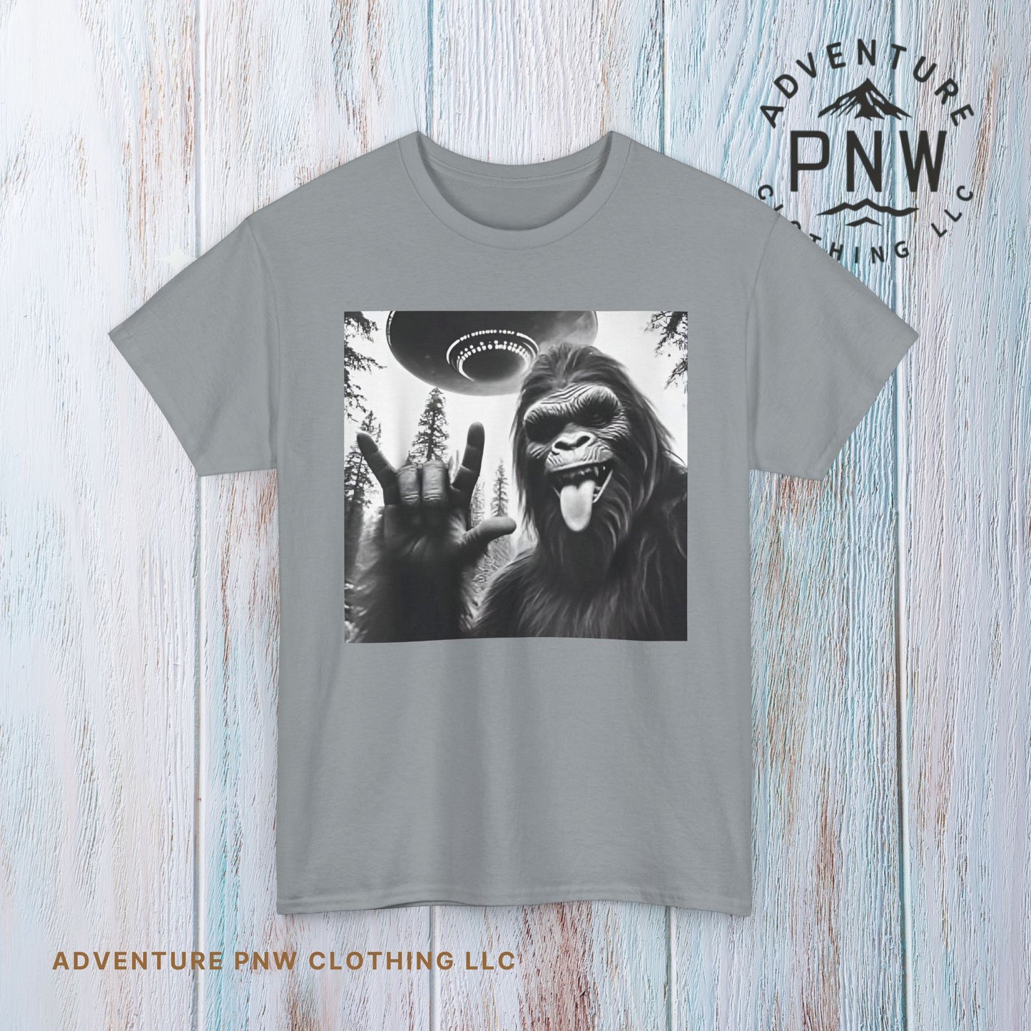 Bigfoot UFO Selfie Unisex Tee, Funny Sasquatch Valentines Day Shirt, Hilarious Outdoor Gift for Him, Her, Rock On T-Shirt, Unisex Heavy