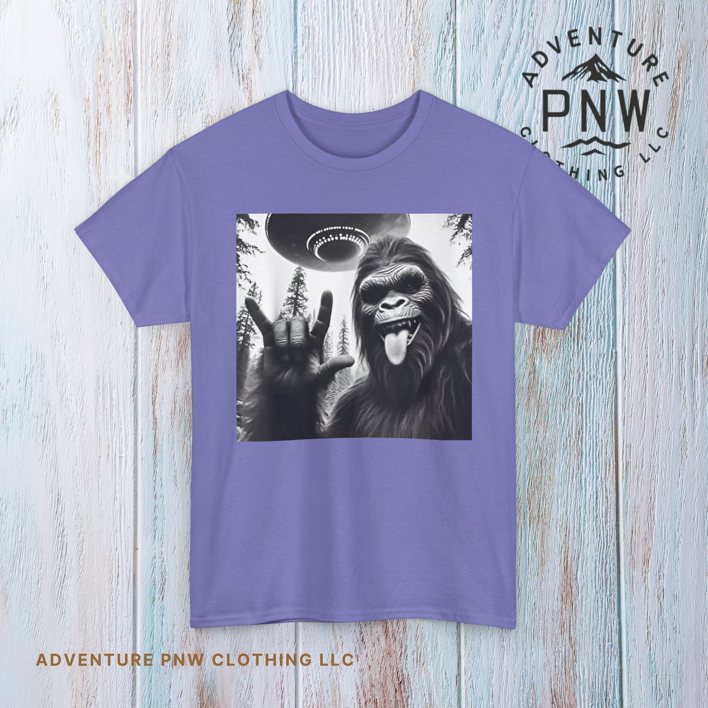 Bigfoot UFO Selfie Unisex Tee, Funny Sasquatch Valentines Day Shirt, Hilarious Outdoor Gift for Him, Her, Rock On T-Shirt, Unisex Heavy