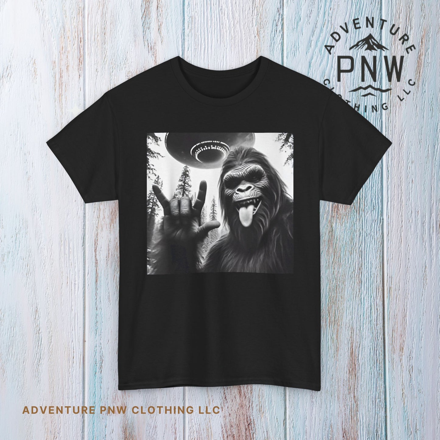 Bigfoot UFO Selfie Unisex Tee, Funny Sasquatch Valentines Day Shirt, Hilarious Outdoor Gift for Him, Her, Rock On T-Shirt, Unisex Heavy