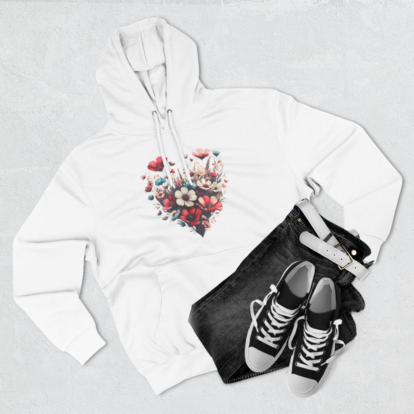 Floral Graphic Hoodie, Heart Shaped Flowers Fleece Hoodie - Botanical Garden Lover Gift, Romantic Nature Print Apparel, Spring Blossoms Top,