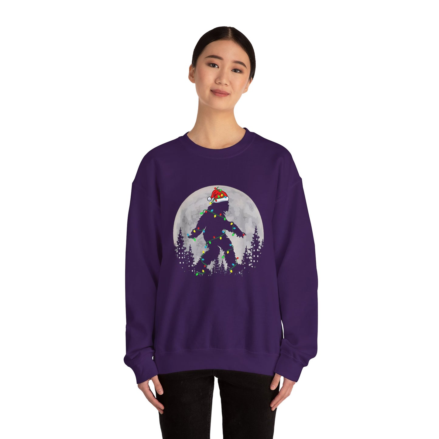 Bigfoot Santa Christmas Tree Lights Sweatshirt, Xmas Sasquatch Jumper, Funny Unisex Holiday Pullover, Novelty Winter Gift, Ugly Sweater