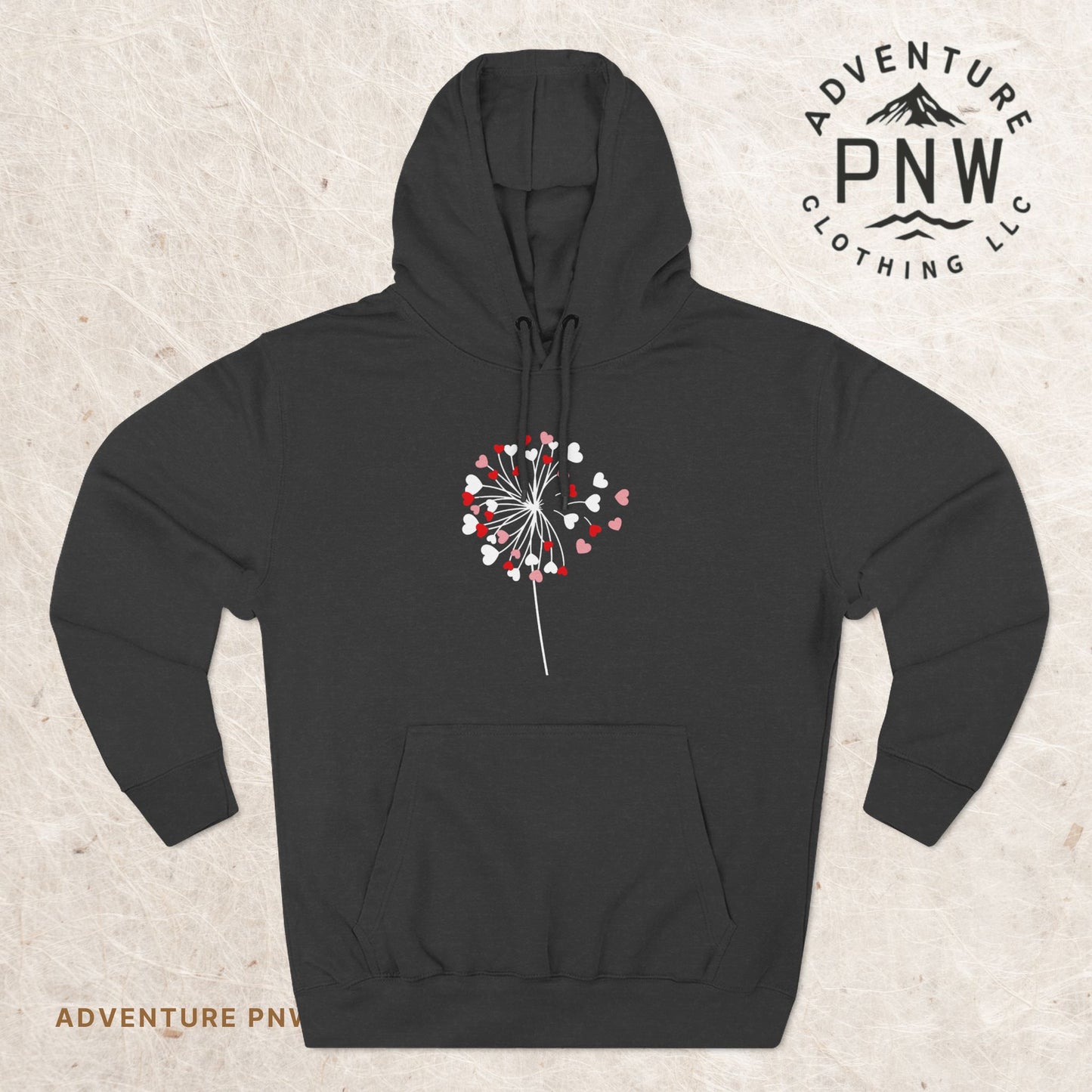 Dandelion Heart Three-Panel Fleece Hoodie, Valentine Wildflower Sweatshirt, Lovers Hoodie Gift, Romantic Dandelion Hoodie, Valentines Day