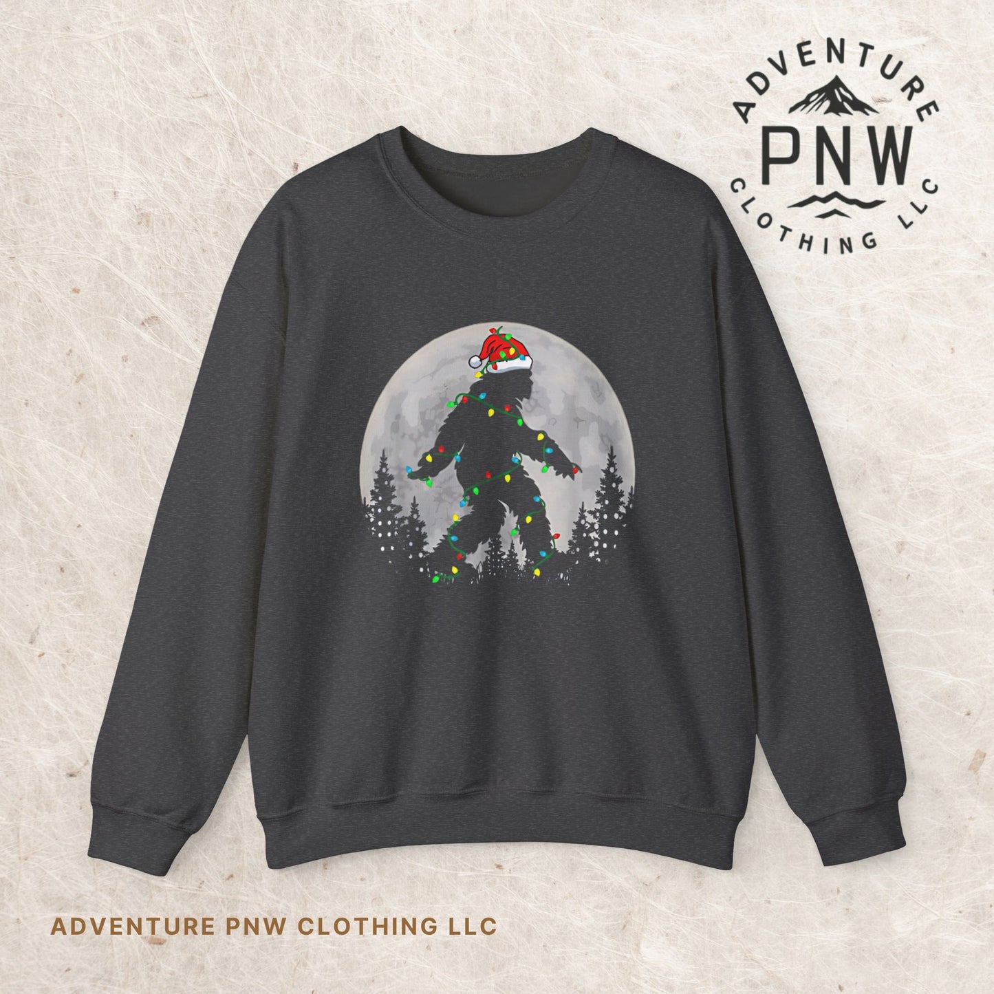 Bigfoot Santa Christmas Tree Lights Sweatshirt, Xmas Sasquatch Jumper, Funny Unisex Holiday Pullover, Novelty Winter Gift, Ugly Sweater